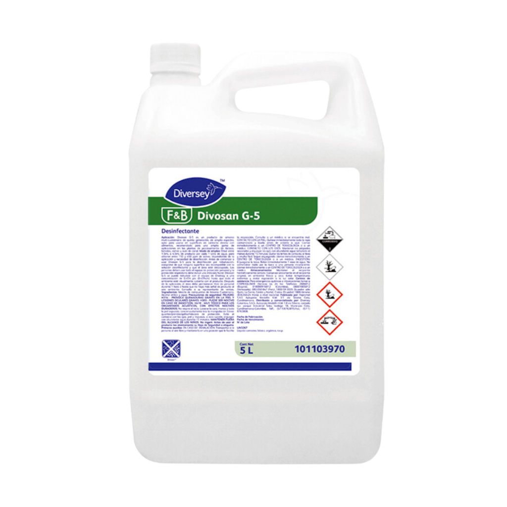 Divosan G5 x 5 Litros es un desinfectante de amonio multi-cuaternario de alta eficacia. Además, su fórmula elimina microorganismos sin necesidad de enjuague, lo que optimiza el tiempo en la industria alimentaria. Por lo tanto, es ideal para entornos con altos estándares de higiene, como cocinas industriales, hospitales y laboratorios.