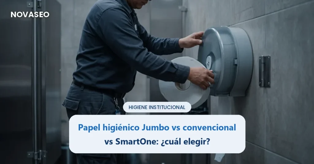 Operario instalando un rollo de papel higiénico Jumbo en un dispensador cerrado en un baño institucional