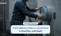 Operario instalando un rollo de papel higiénico Jumbo en un dispensador cerrado en un baño institucional