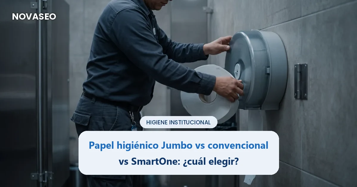 Operario instalando un rollo de papel higiénico Jumbo en un dispensador cerrado en un baño institucional