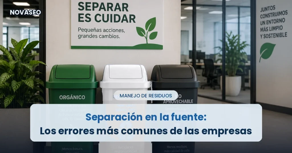 Tres canecas de colores verde, blanca y negra para separar residuos en la fuente en una oficina